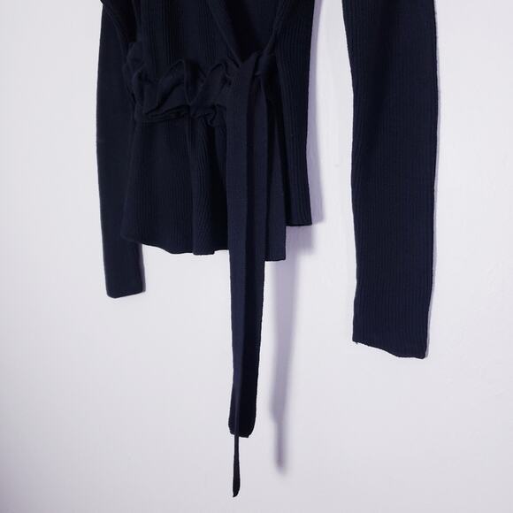 Sonia Rykiel Black Ribbed Wool Blend Knit Floral Ruffled Wrap Cardigan Sweater - Picture 7 of 13